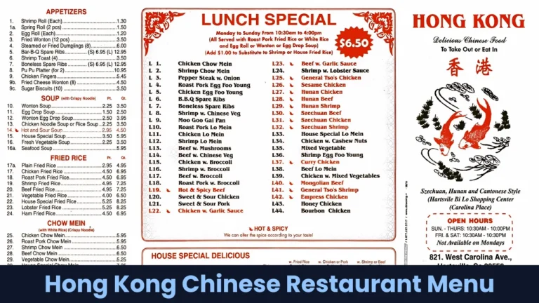 Hong Kong Chinese Restaurant Menu